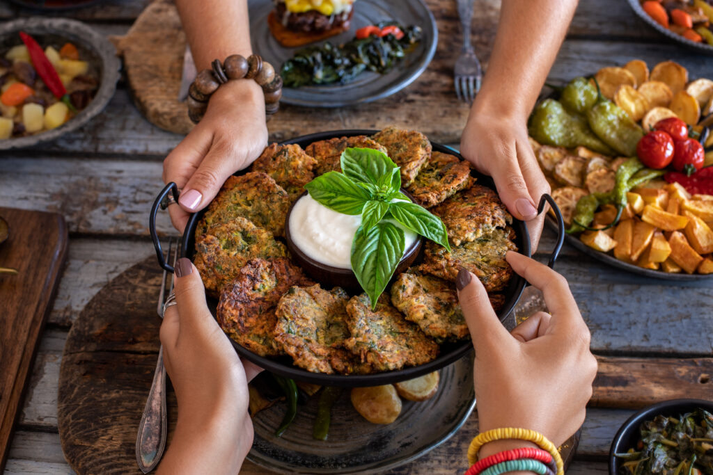 Vegetarian food with fried vegetables.